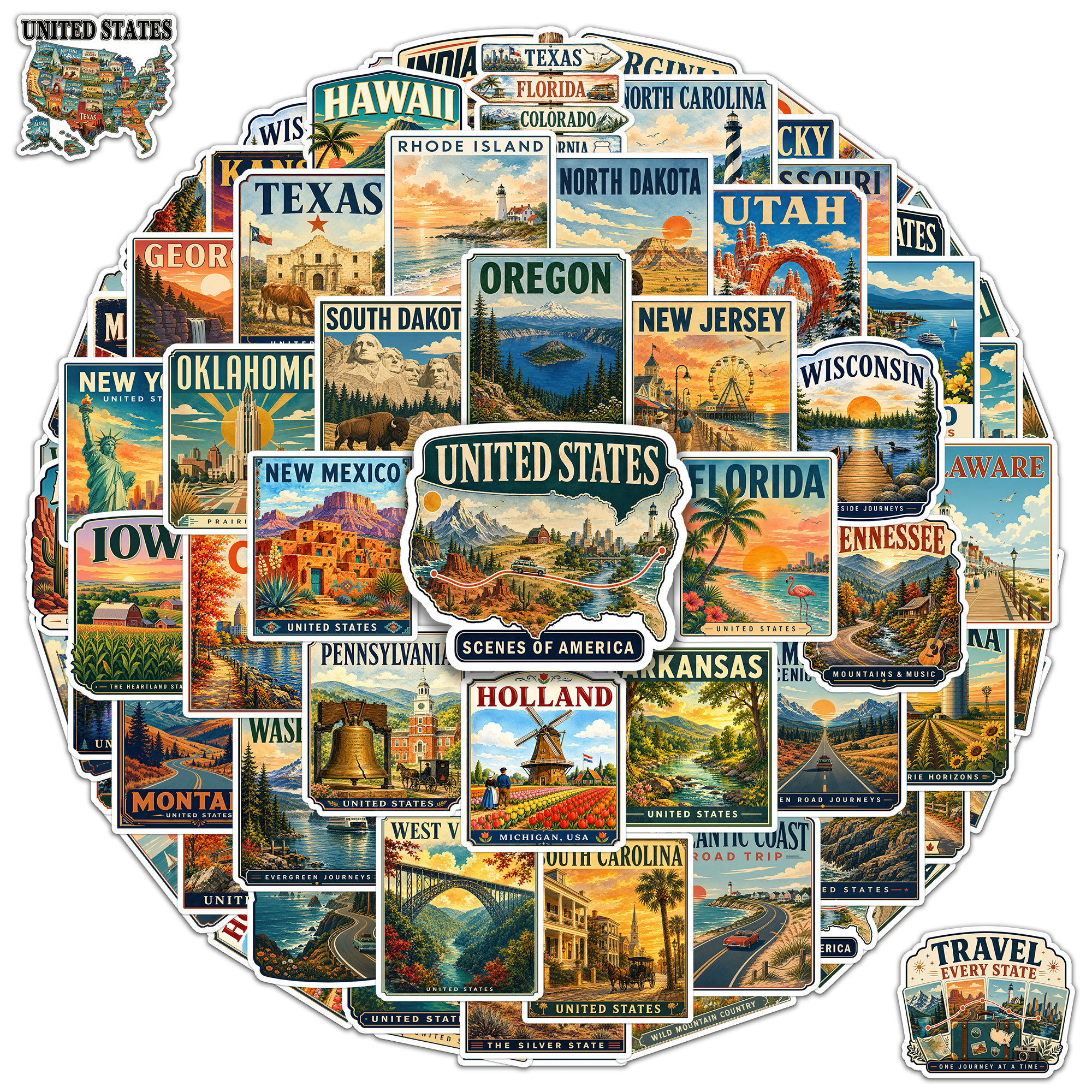 60 PCS United States Individual Stickers Pack
